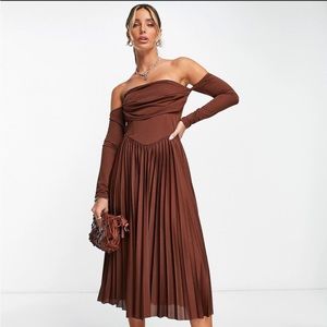 ASOS DESIGN off the shoulder pleated skirt midi dress in the color “chocolate”